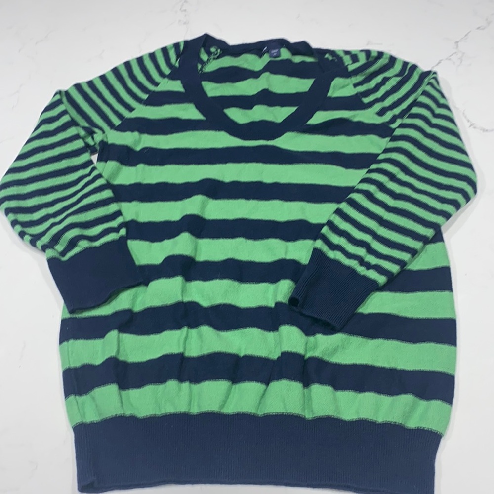 Gap V-Neck Pullover Striped Sweater Green & Navy Blue Cotton Size: XS